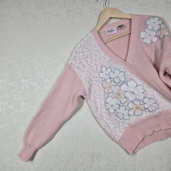 VTG Jaclyn Smith Sweater sz L Pink Embroidered Floral Pearl Embellished Feminine - Picture 8 of 16